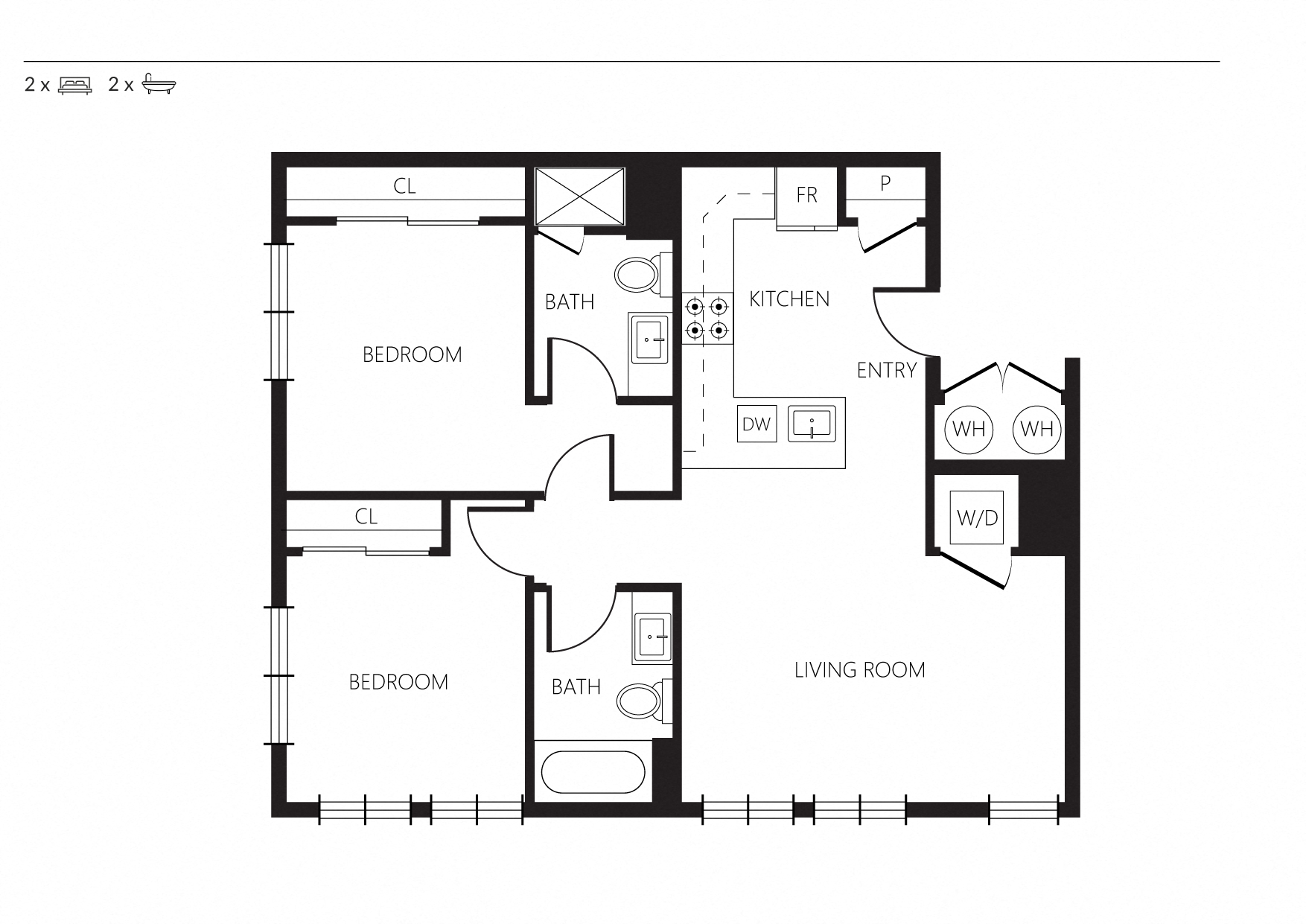 Floor plan for 2 beds, 2 baths, 892 sqft